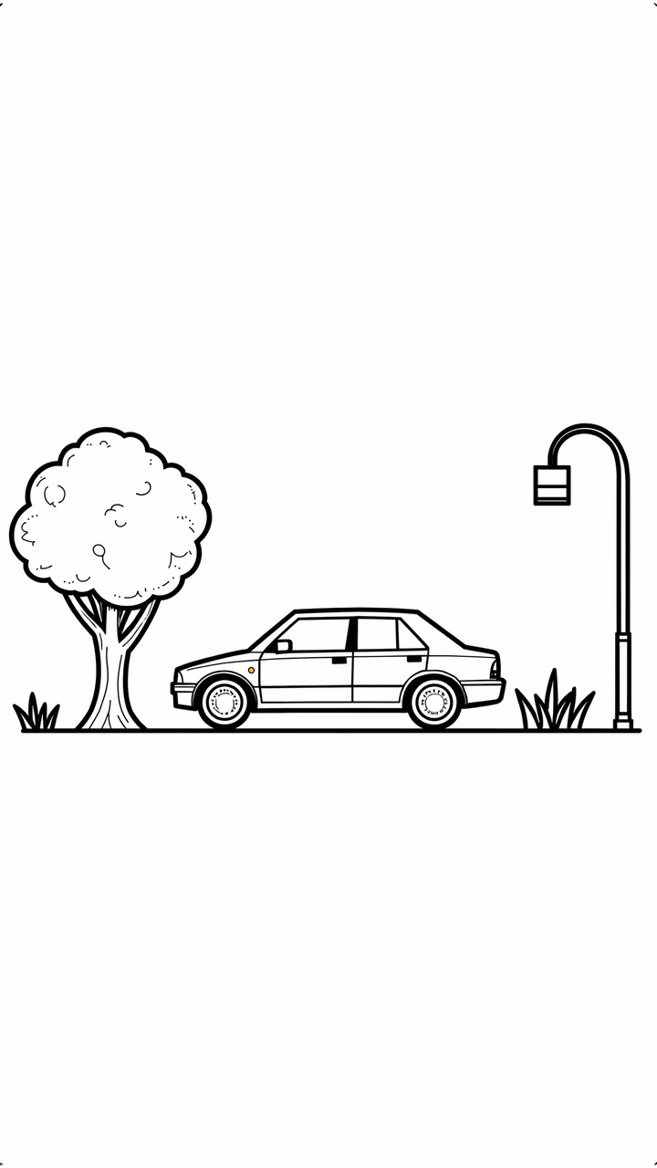 Whimsical tree and car in a minimalist urban landscape.