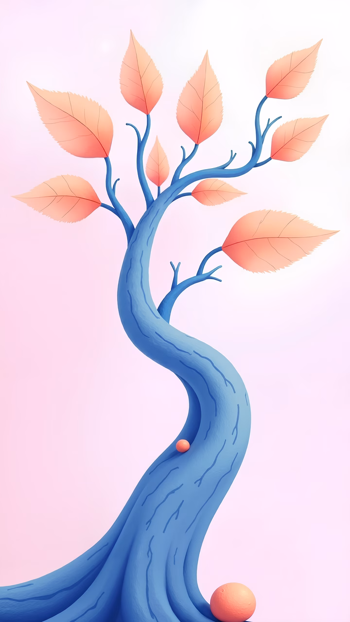 Whimsical tree with twisted trunk and delicate pink leaves on a soft pastel background.
