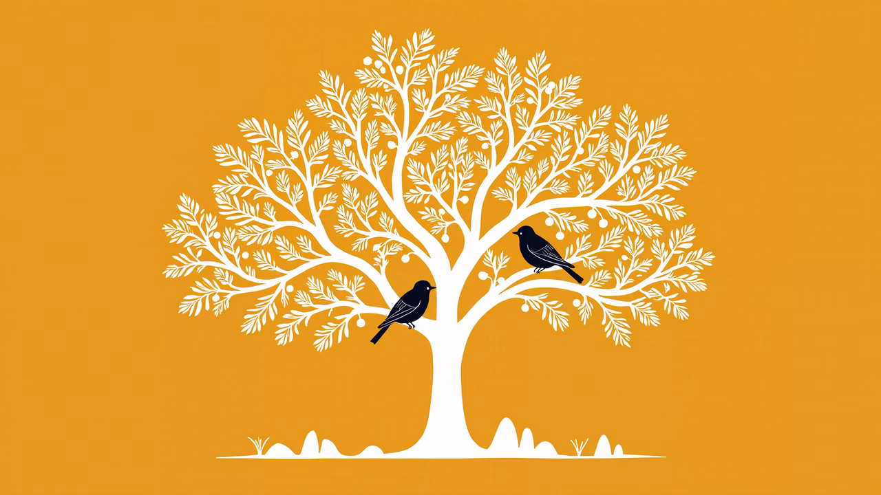 Minimalist tree illustration with two birds, serene nature theme.
