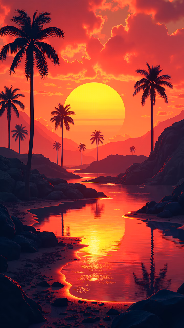 A tranquil tropical sunset with palm trees and mountains silhouetted against a vibrant sky.