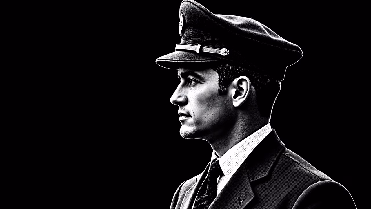 Serious uniformed man in black and white, dramatic lighting, duty.