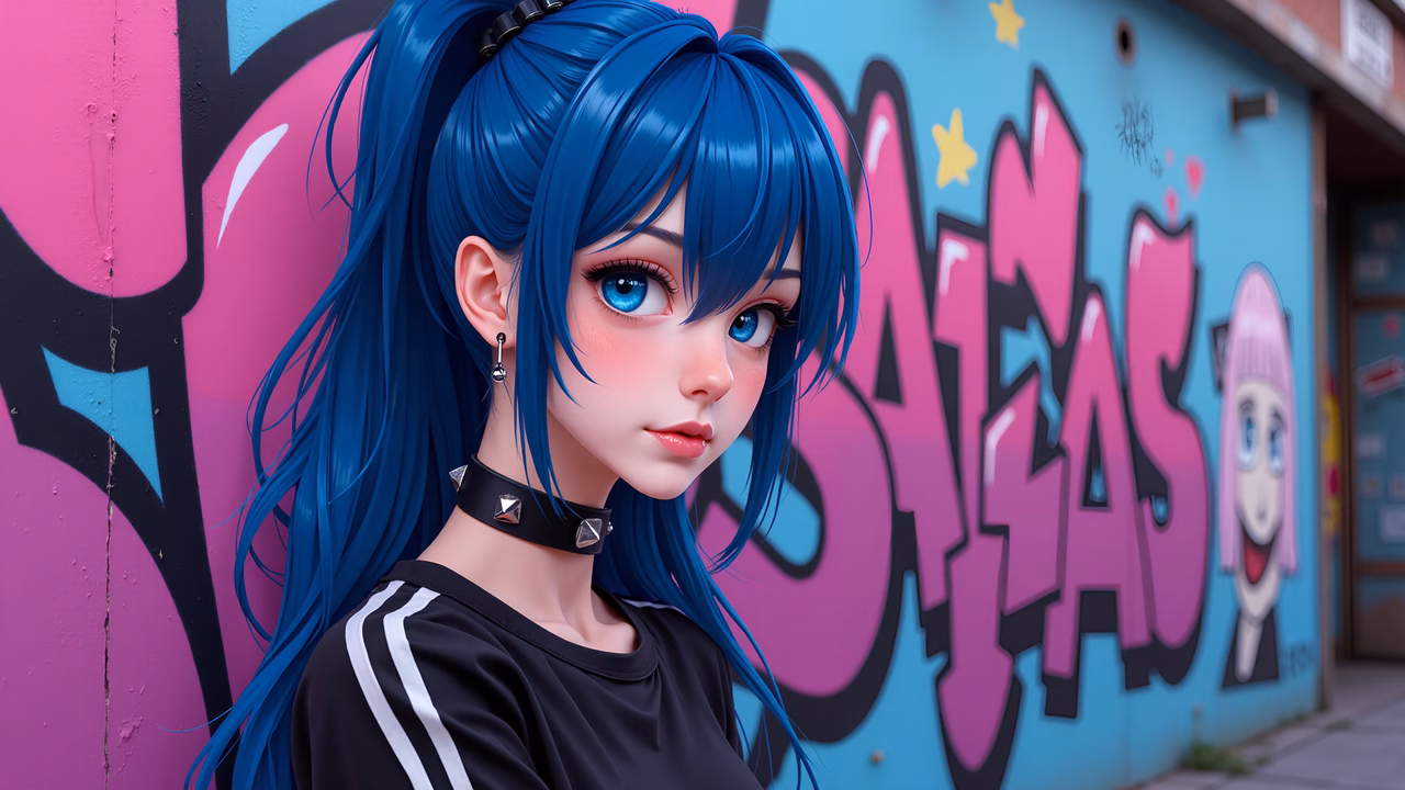 Vibrant urban fantasy illustration featuring a young woman with blue hair and graffiti art background.