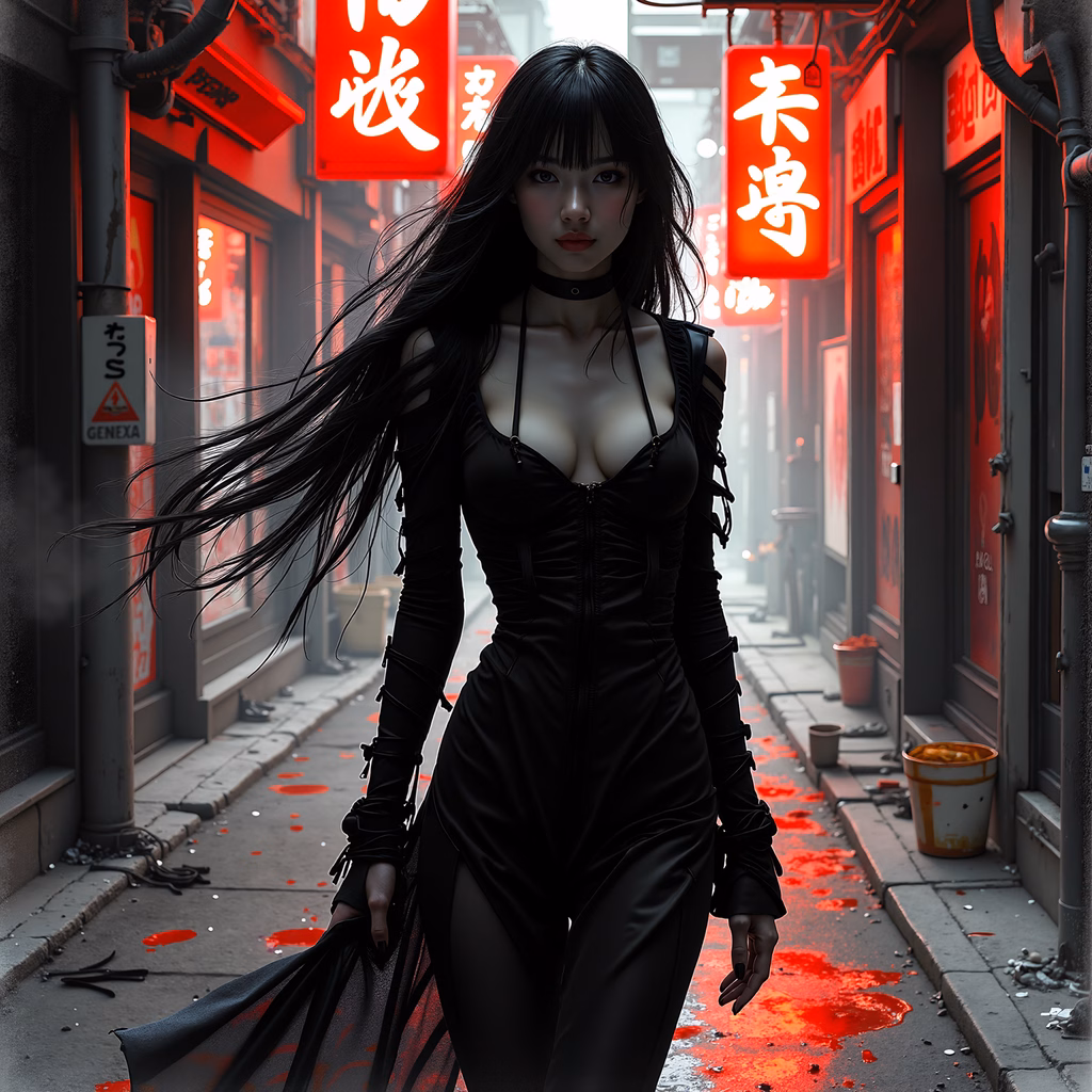 Gothic urban fantasy with a mysterious woman in a black corset amidst neon-lit alleyways and bloodstains.