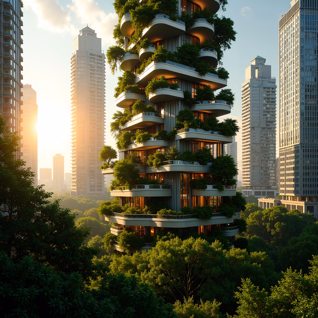 A modern building covered in greenery in a serene urban setting.