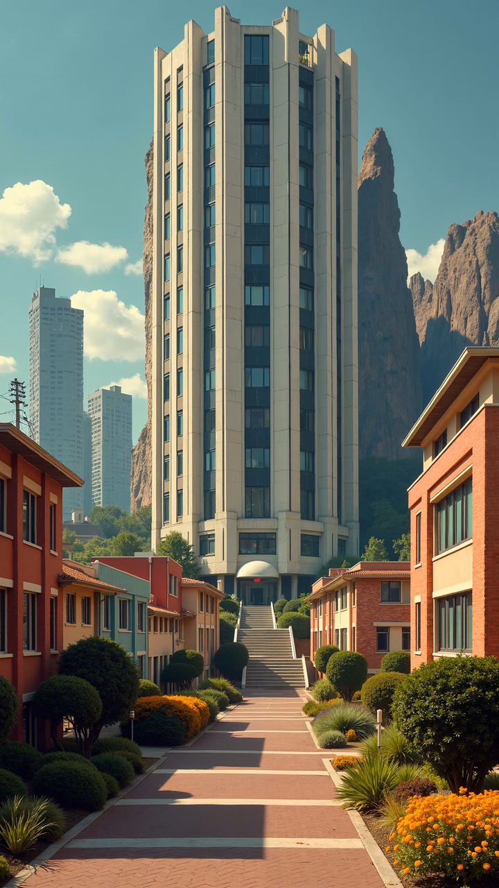 Modern high-rise building amidst natural beauty and vibrant landscaping.