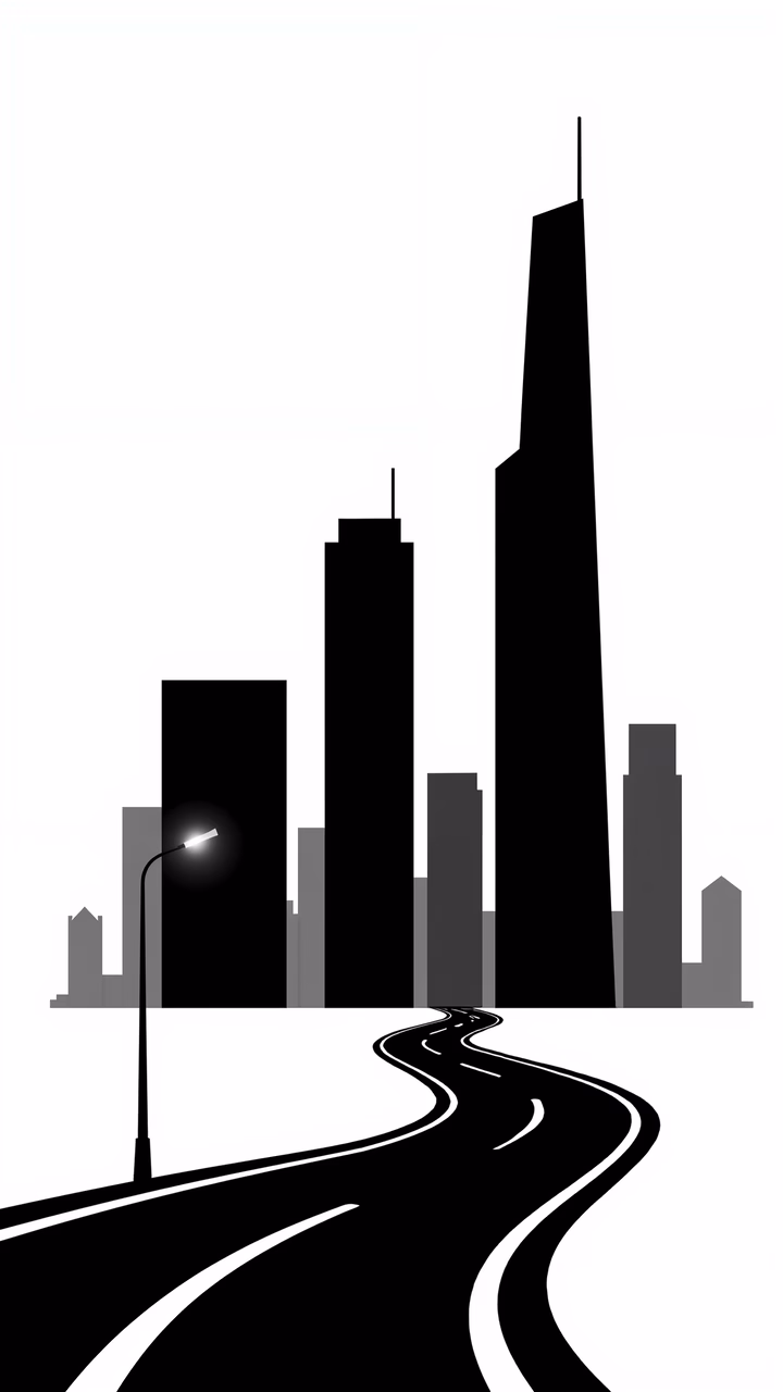 Minimalist urban skyline with winding road and glowing streetlamp.