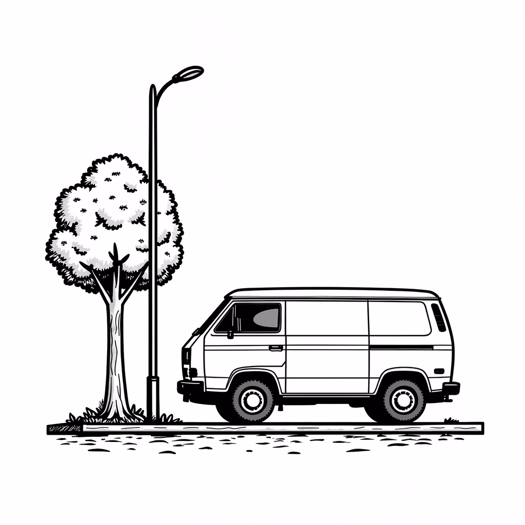 Black-and-white illustration of a van parked next to a tree under a streetlamp, evoking a sense of calm and nostalgia.