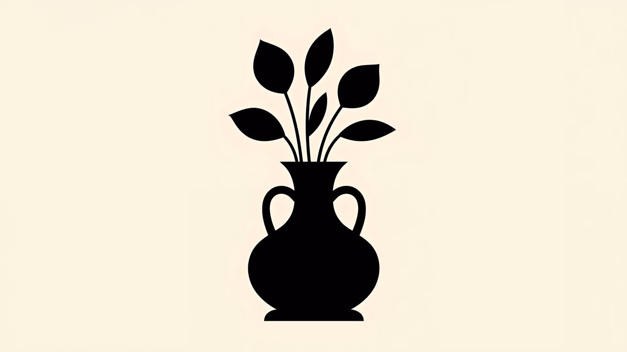 Minimalist black silhouette of a vase with stylized leaves on a light beige background.
