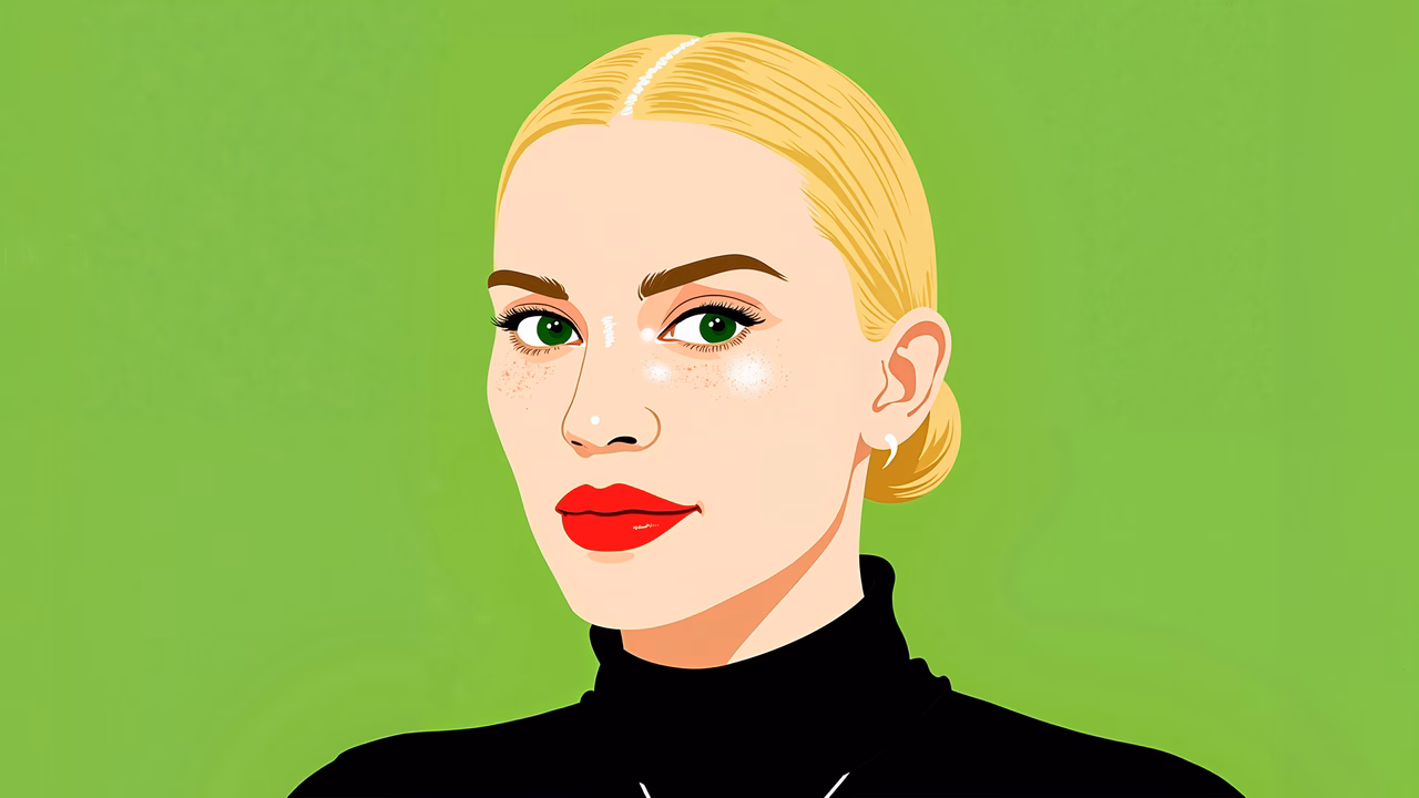 Stylized vector portrait with bold lines and vibrant colors.