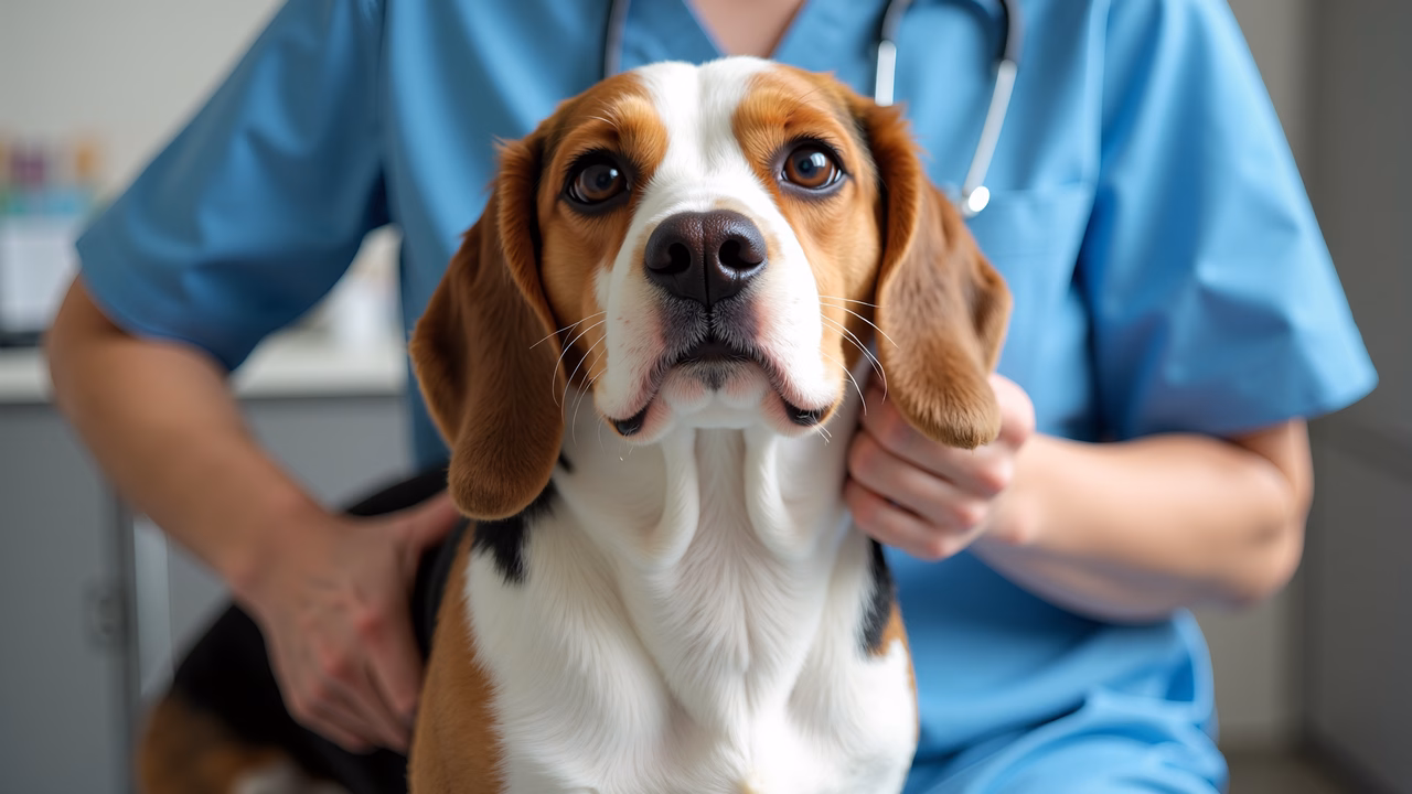 A beagle being checked by a veterinarian in a calm setting.