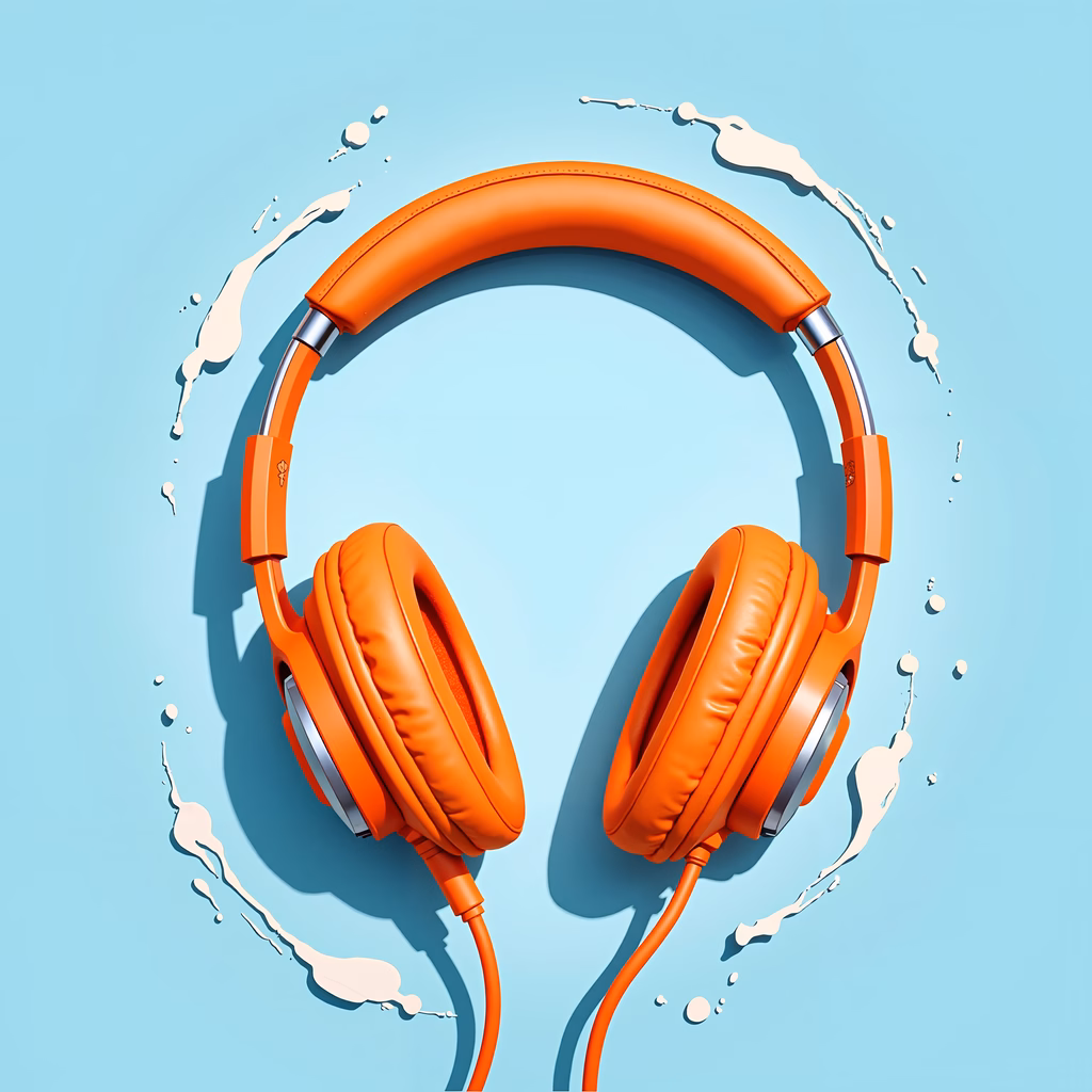 Bright orange headphones on a blue background with dynamic paint splashes.