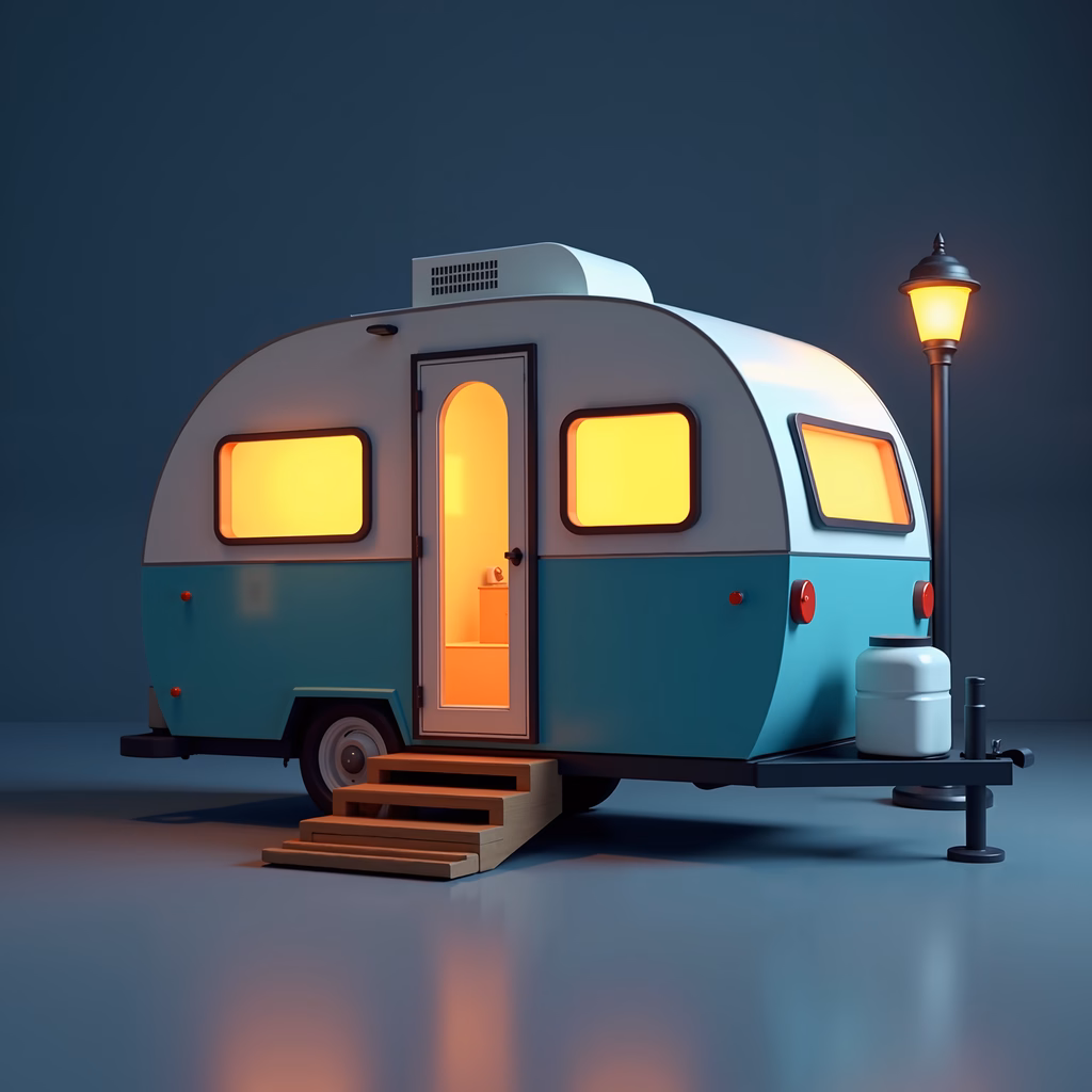 Vintage camper with warm interior light, rustic charm, travel adventure