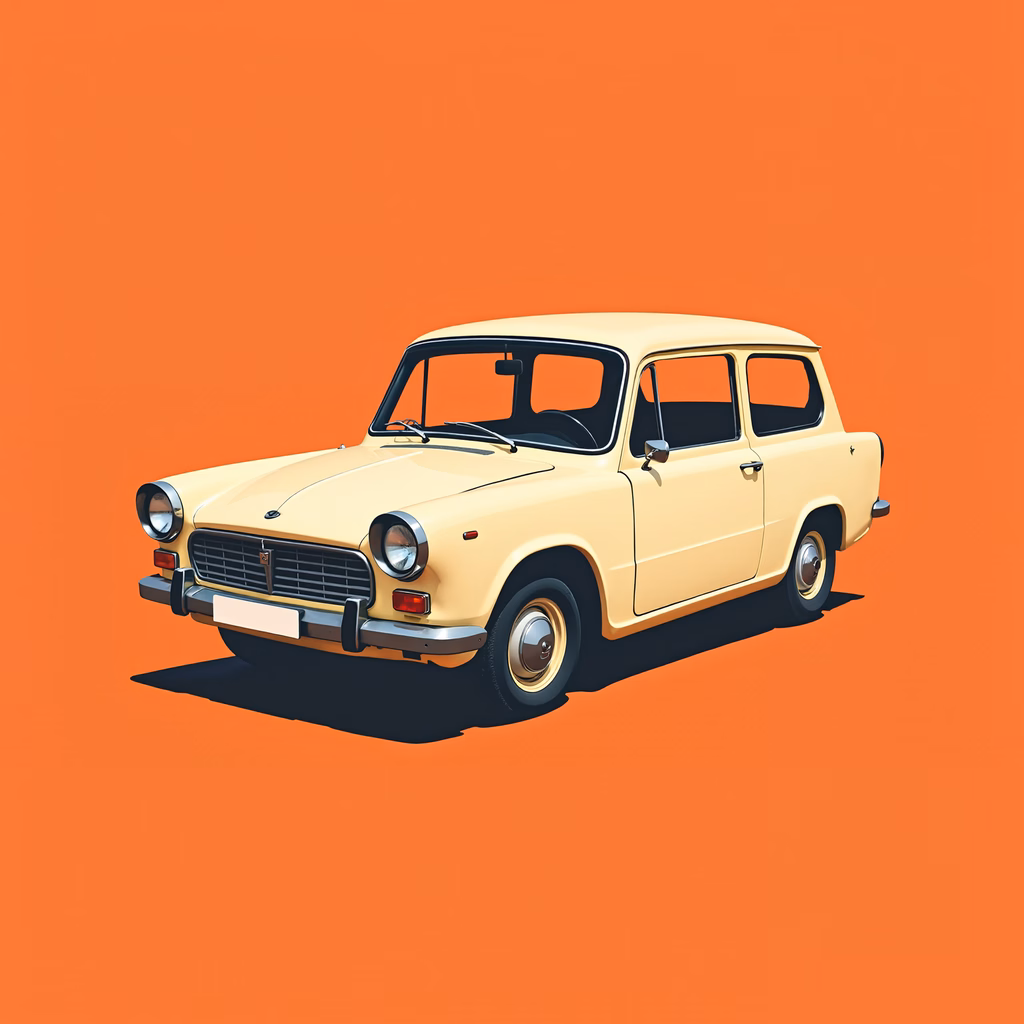 A vintage car illustration with a retro design and vibrant colors.