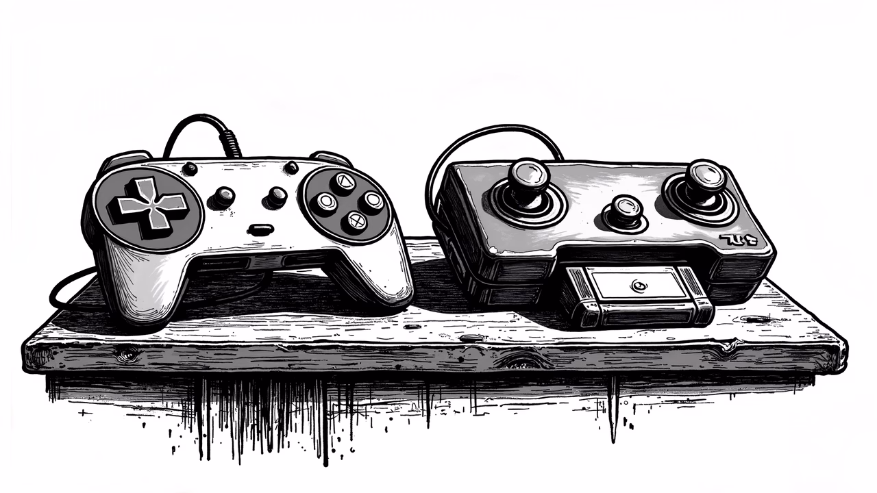 Vintage gaming controllers on a wooden shelf, monochromatic illustration.