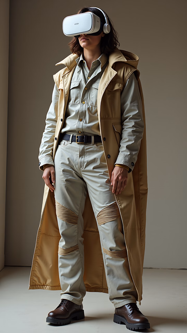 Confidently dressed individual immersed in virtual reality, wearing a stylish trench coat and VR headset.