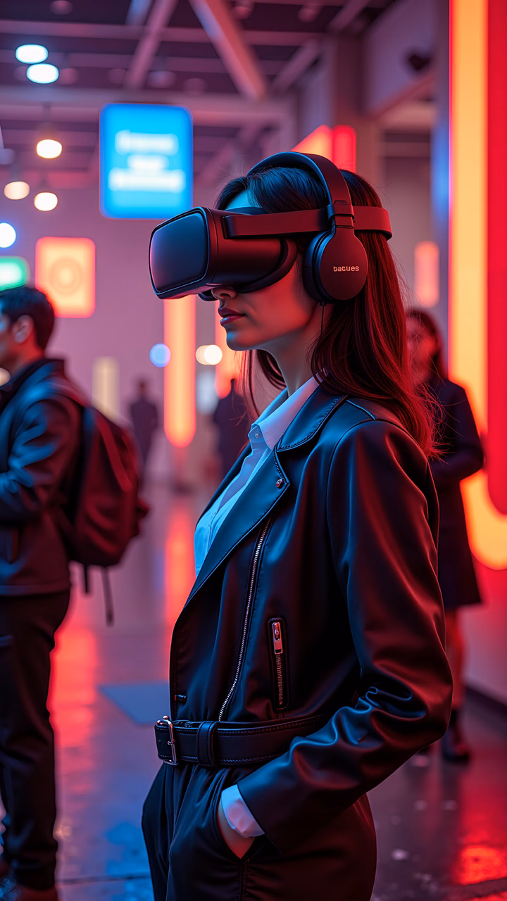Woman in VR headset amidst neon lights, exploring the future of technology.