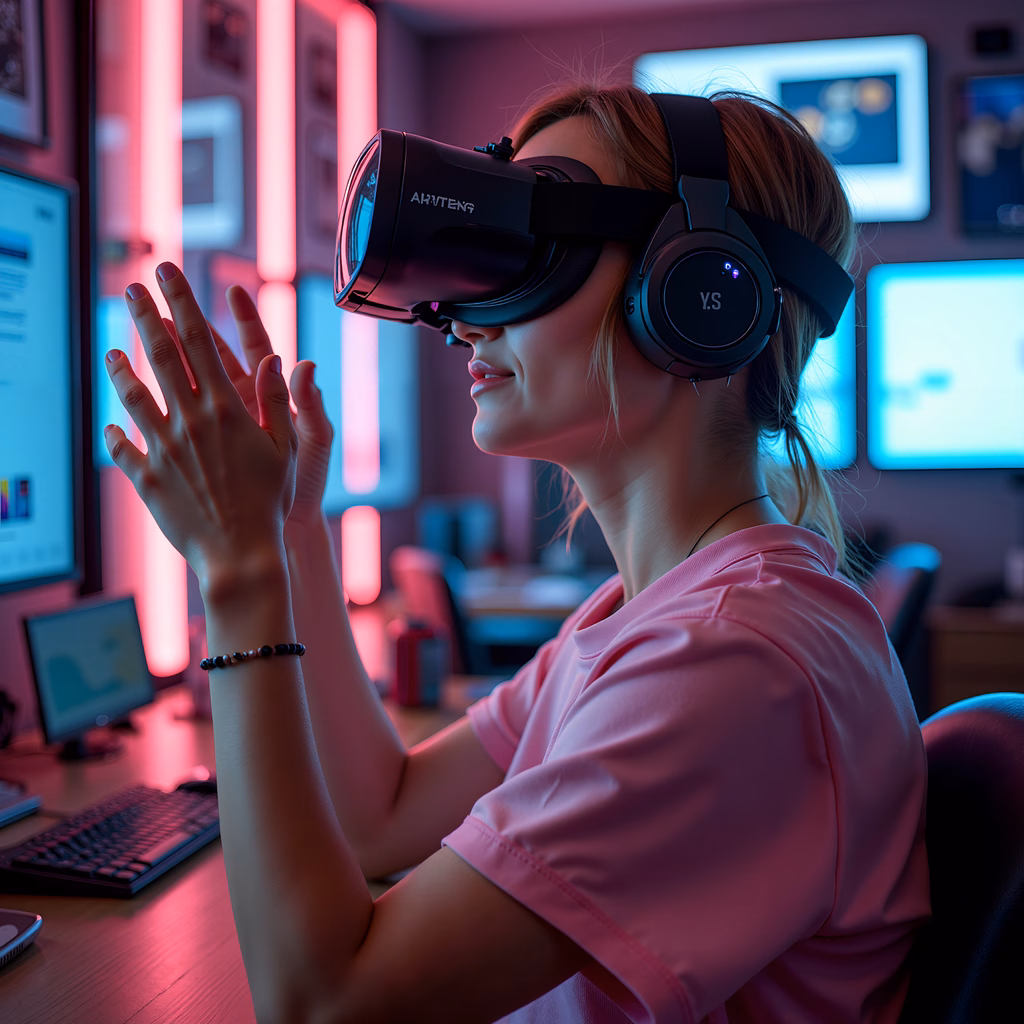 Person experiencing virtual reality in a neon-lit room.