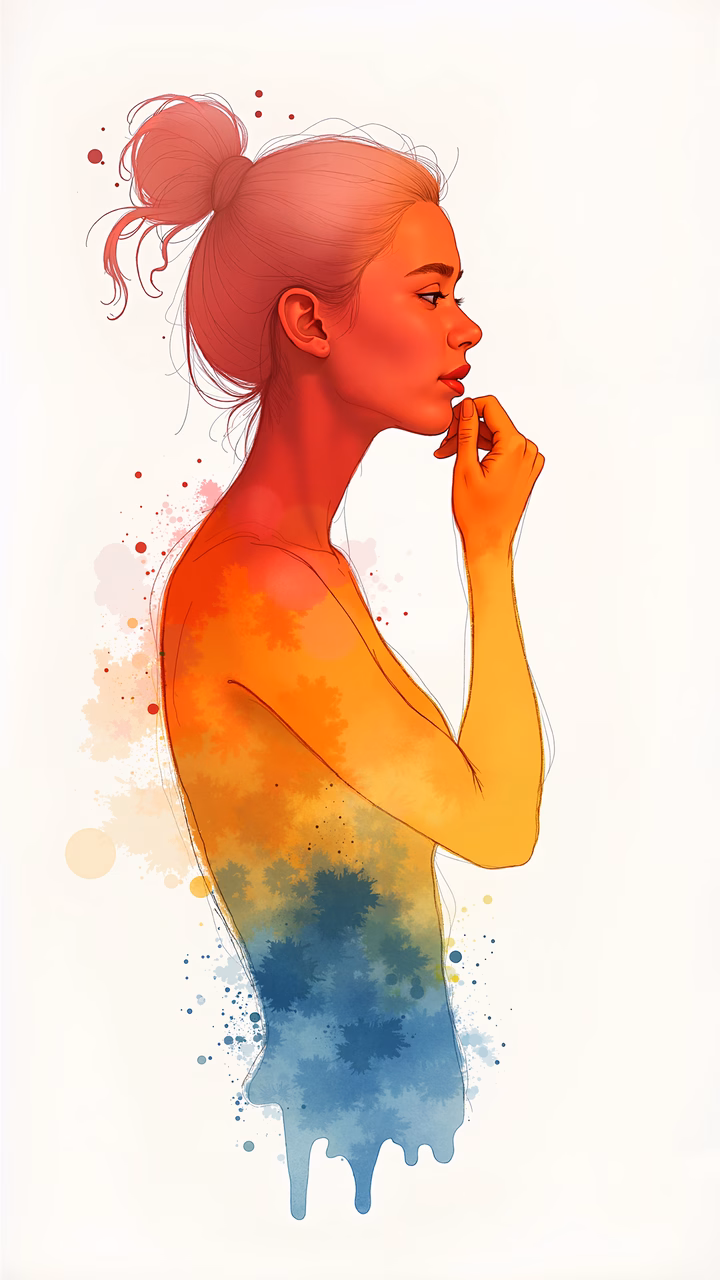 Vibrant watercolor portrait of a contemplative woman.