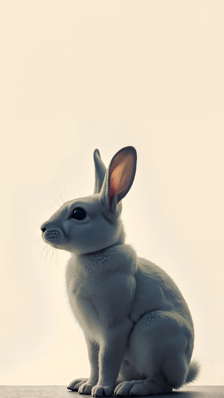 A detailed white rabbit illustration with soft colors and serene atmosphere.
