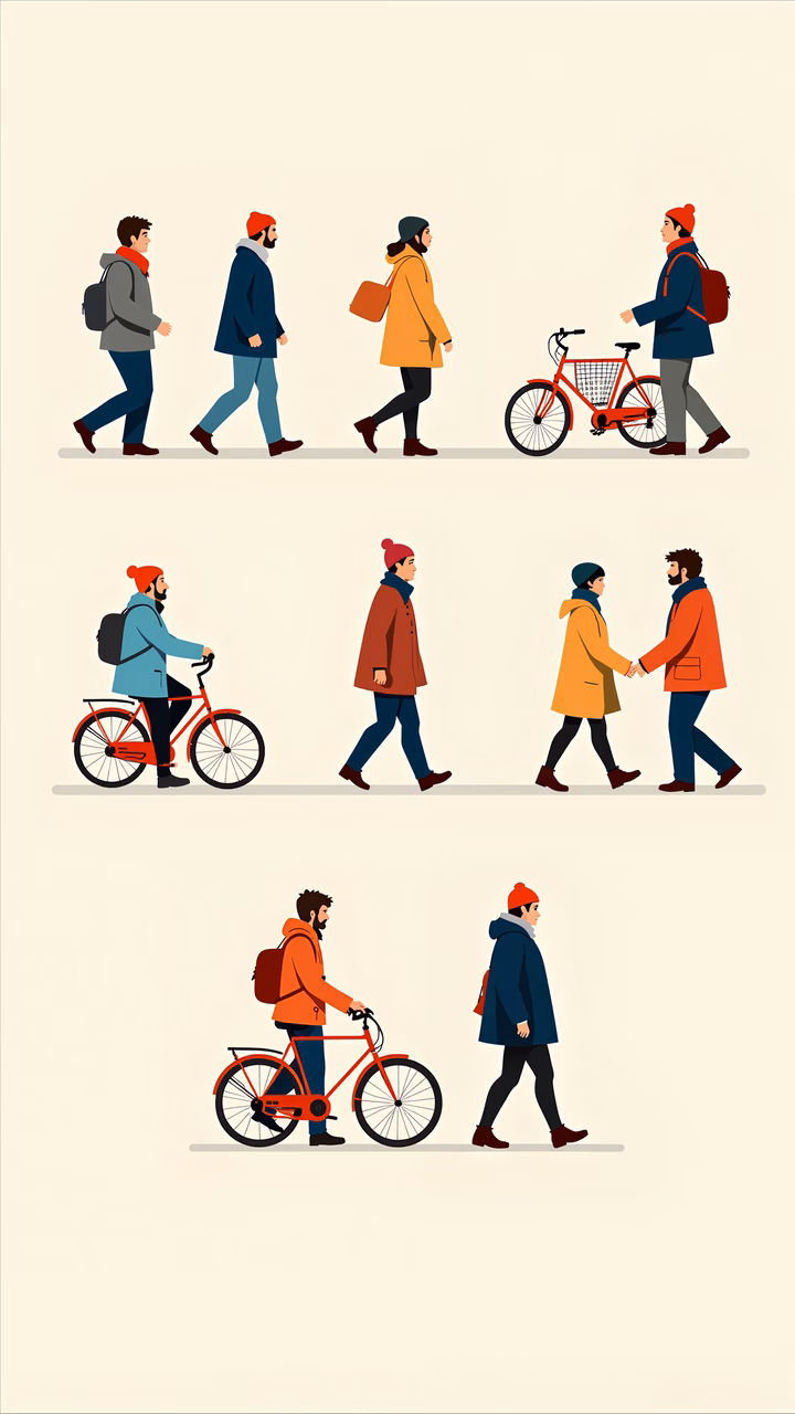 Warmly dressed individuals enjoying a winter day in a minimalist illustration style.