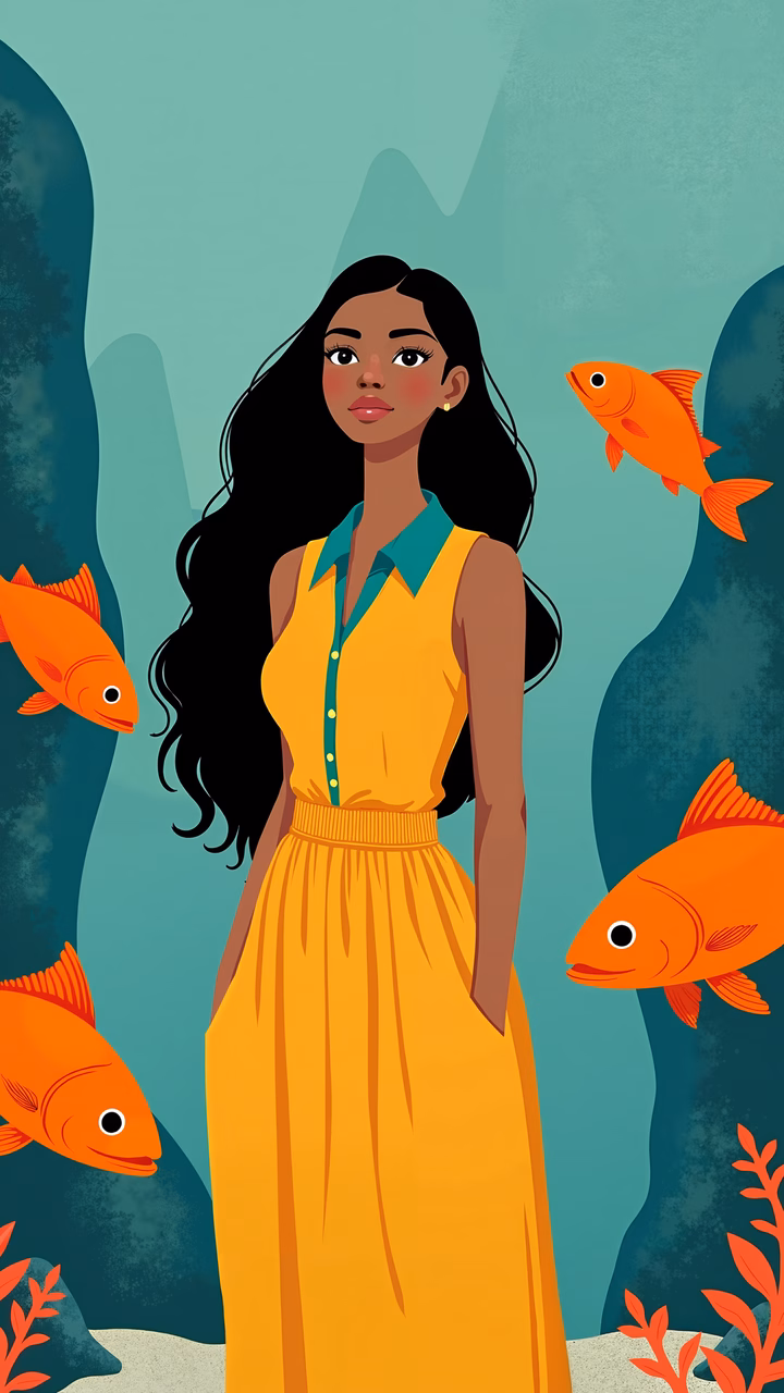 A woman in a yellow dress surrounded by orange fish in a teal underwater setting.