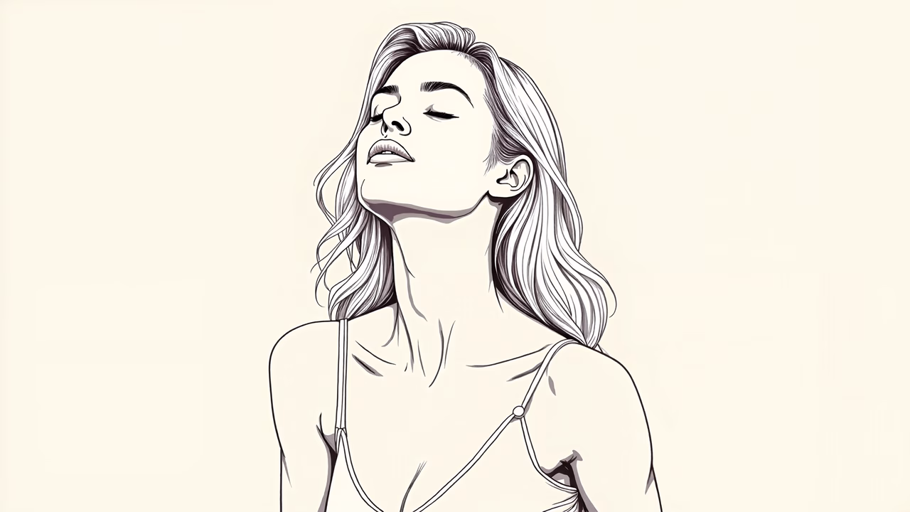 A serene black and white illustration of a woman with closed eyes, exuding calmness and introspection.