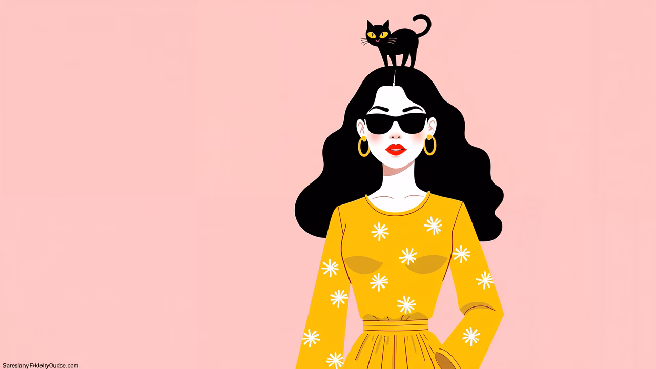 A stylish woman with a playful cat on her head, set against a soft pink background.