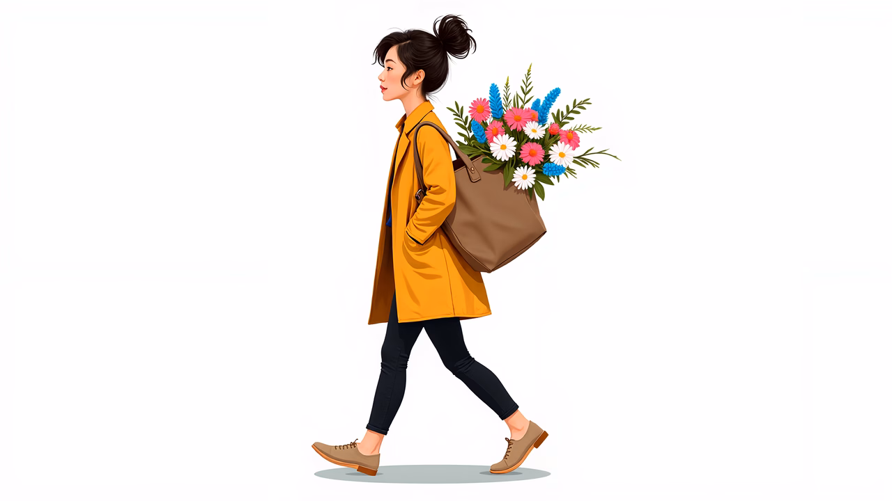 Confident woman carrying a colorful bouquet in a stylish mustard yellow coat.