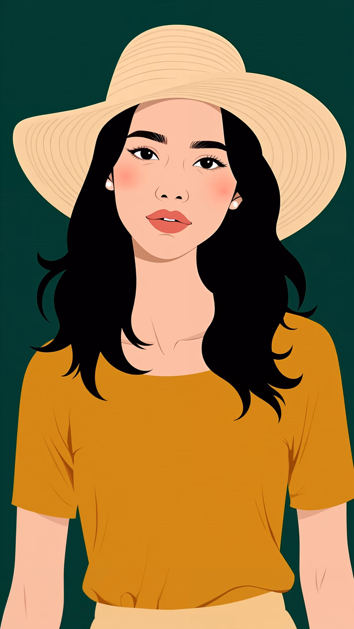 A serene portrait of a woman with a straw hat, wearing a mustard yellow top against a dark green backdrop.