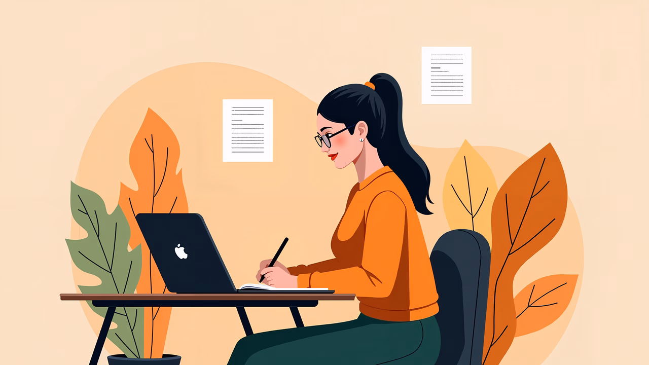 A woman working at a desk in a warm, autumn-themed workspace.