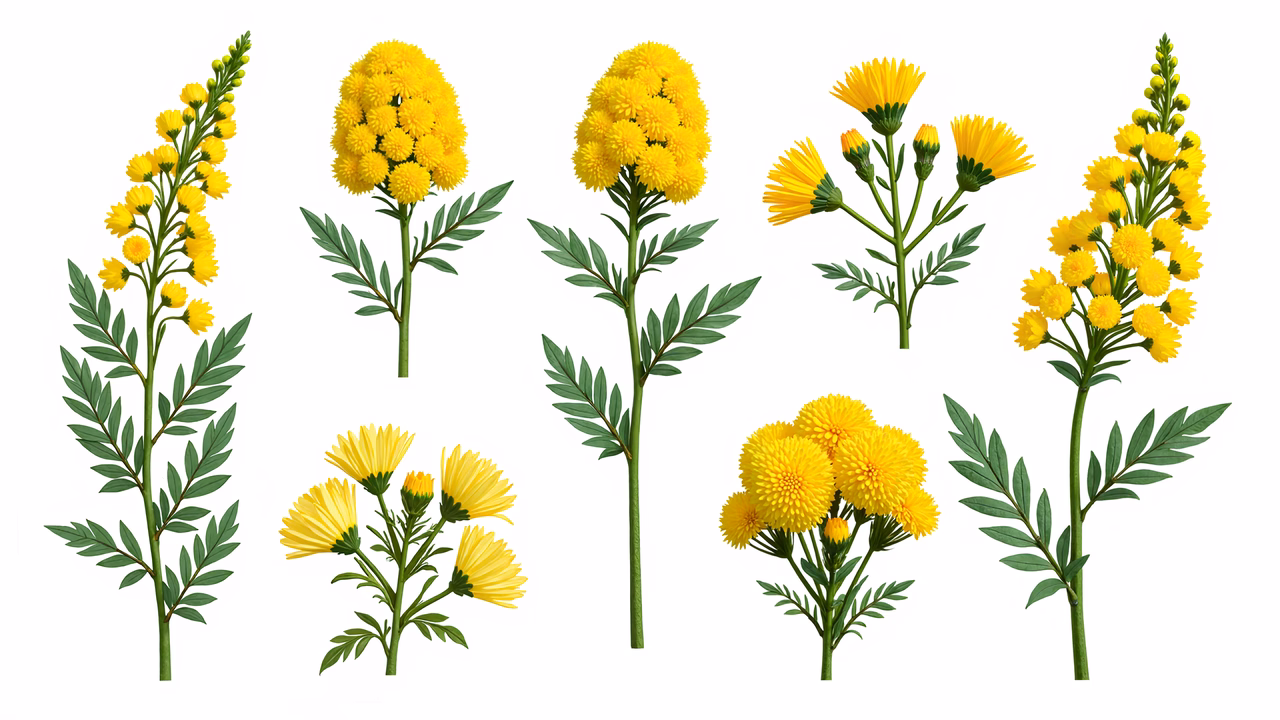 Vibrant yellow flowers with detailed petals and green leaves on a white background.