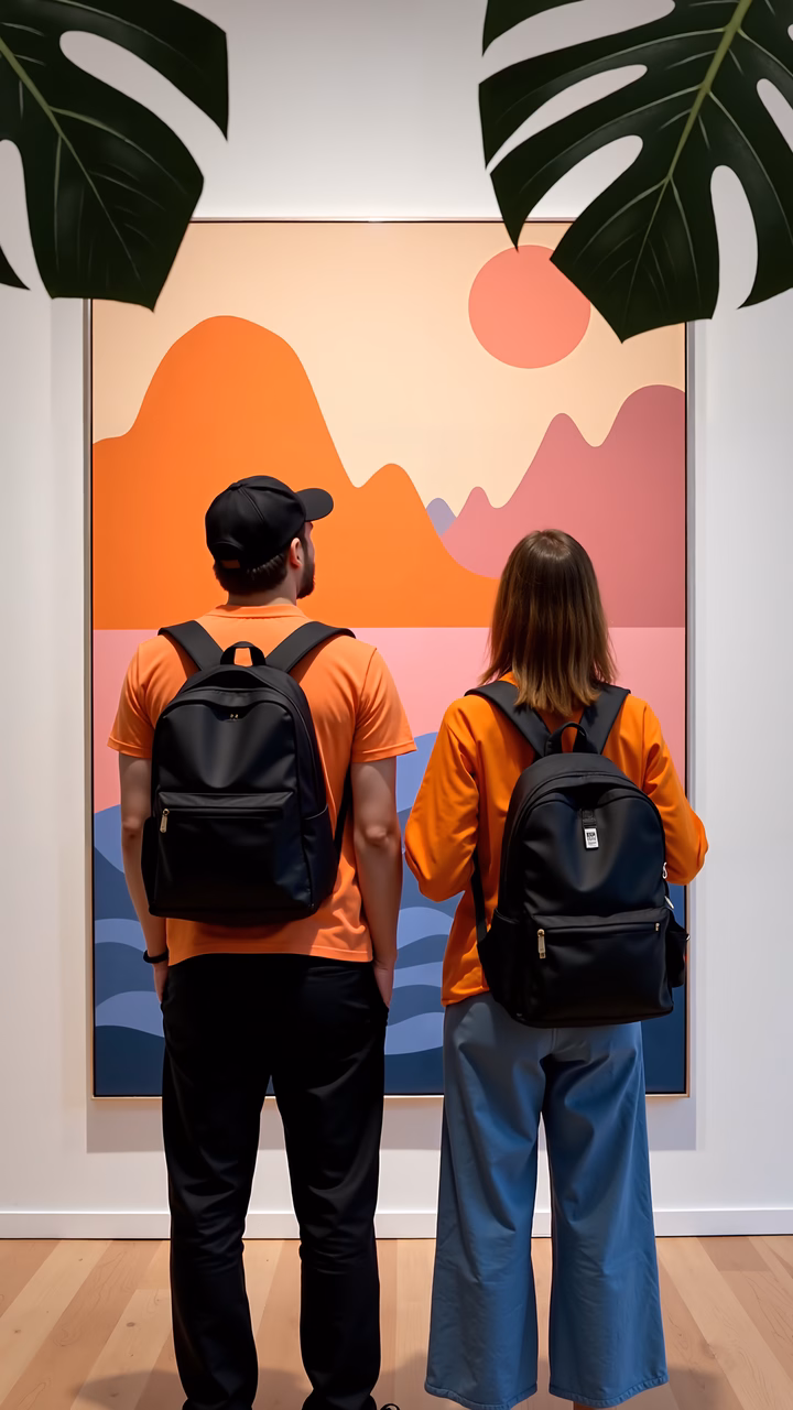 Minimalist abstract landscape painting with warm colors and geometric shapes.