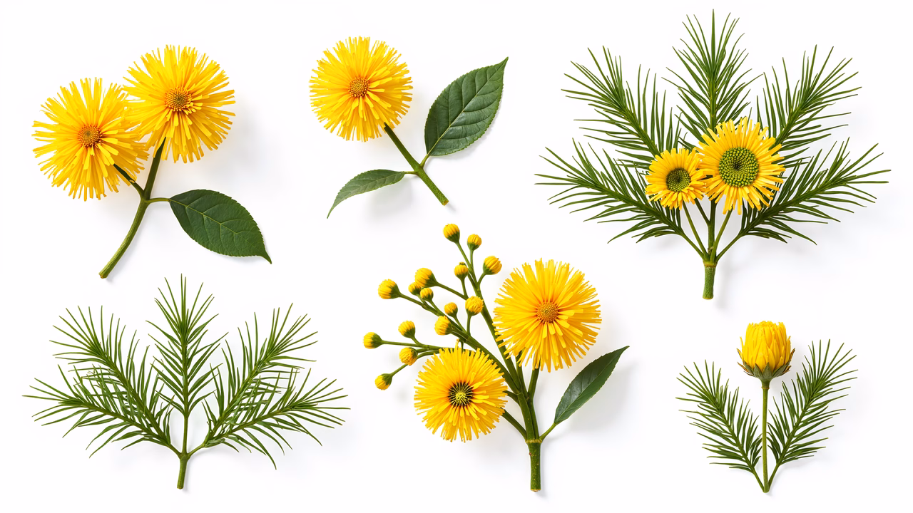 Bright yellow flowers and green leaves on a white background