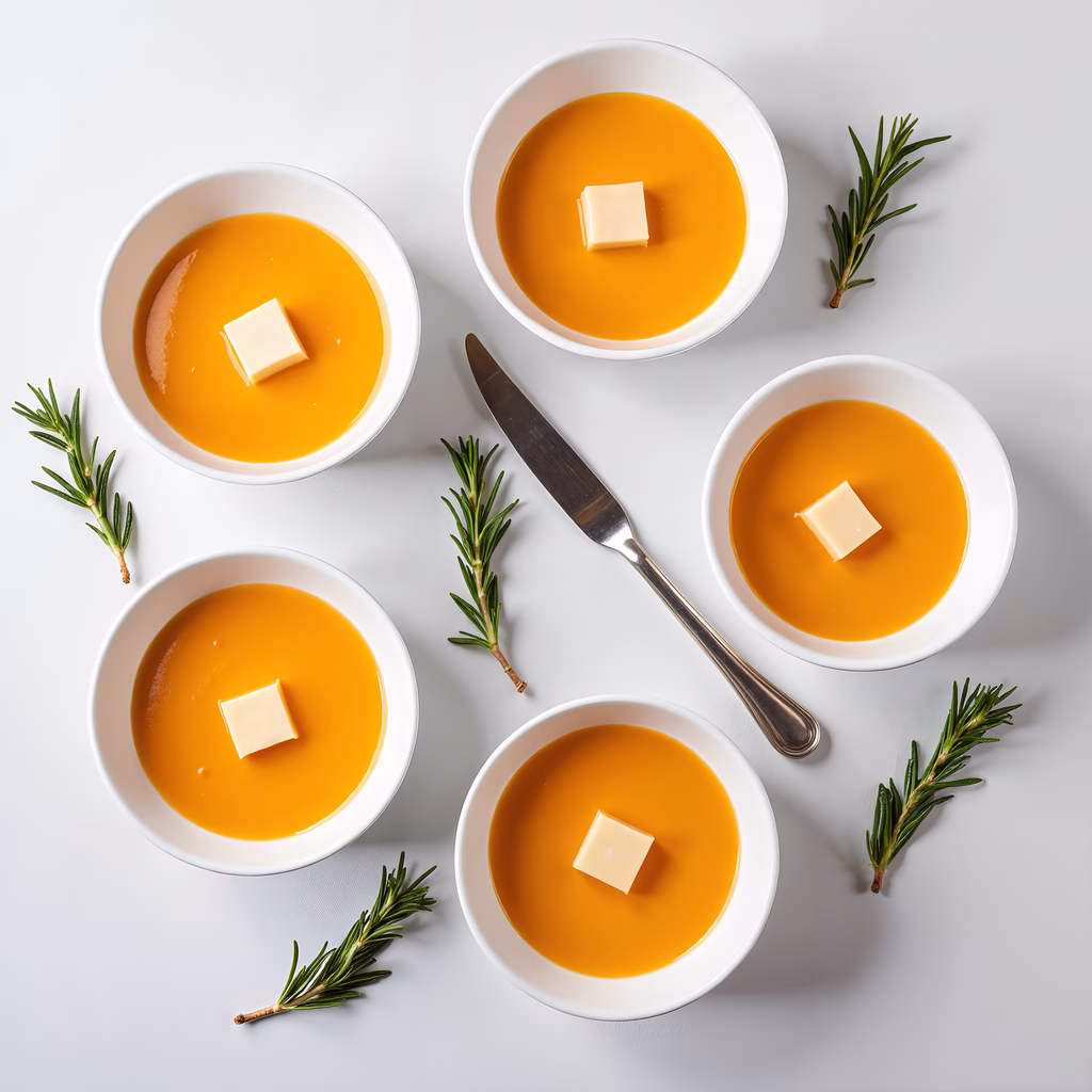 Delicious butternut squash soup served in white bowls with butter cubes and rosemary sprigs.