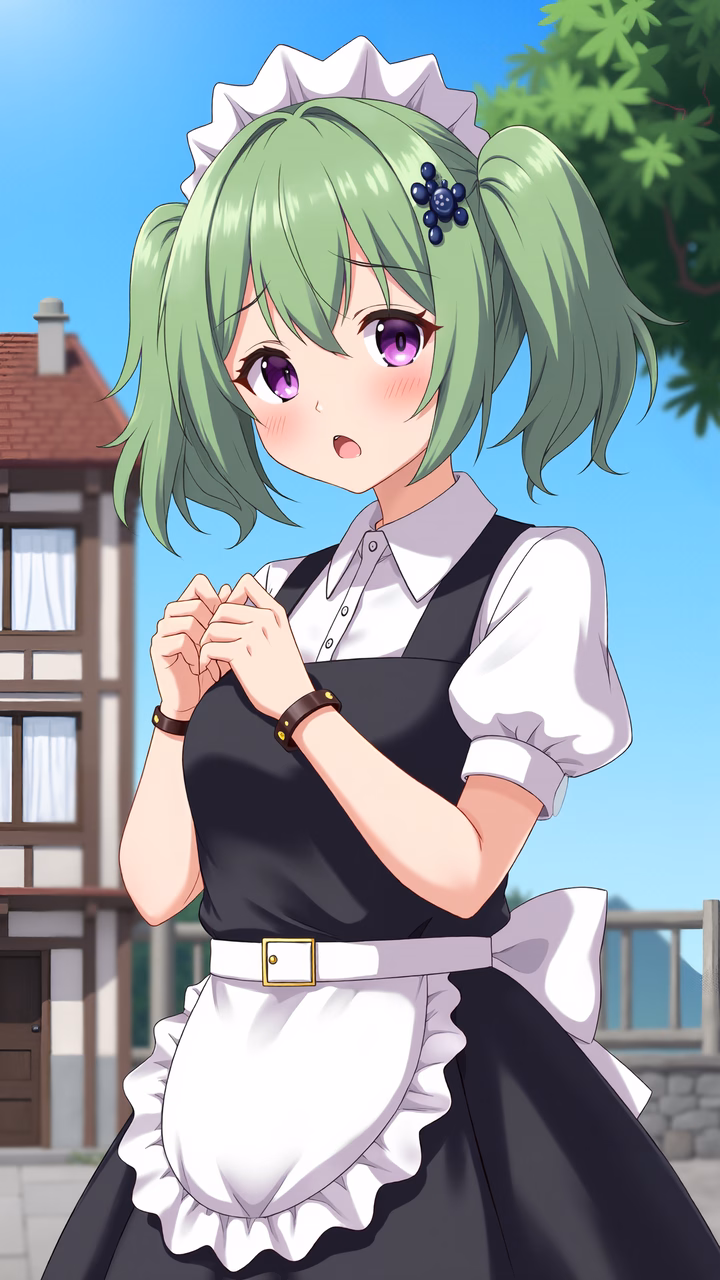 A cute maid in a classic outfit, surprised by something off-screen.