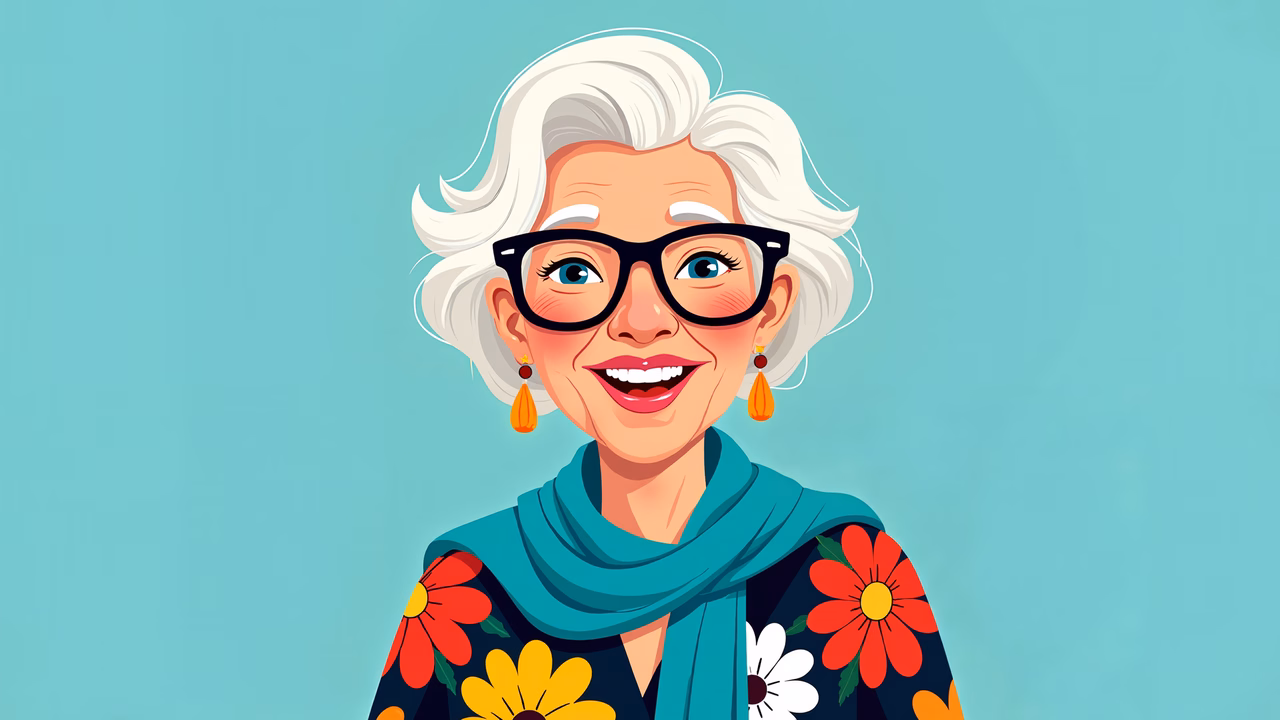 A joyful elderly woman with a floral outfit and bright accessories against a soft blue backdrop.