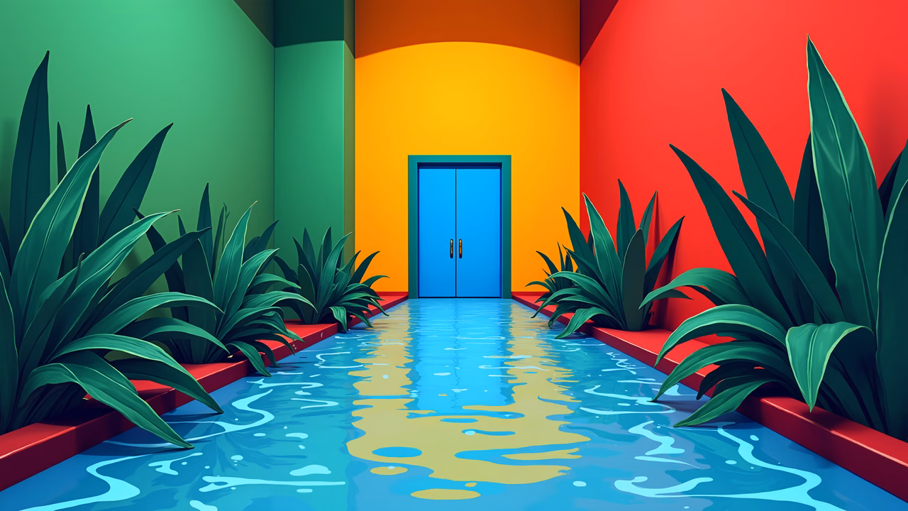 Vibrant doorway with colorful walls and reflective water, creating a serene atmosphere.
