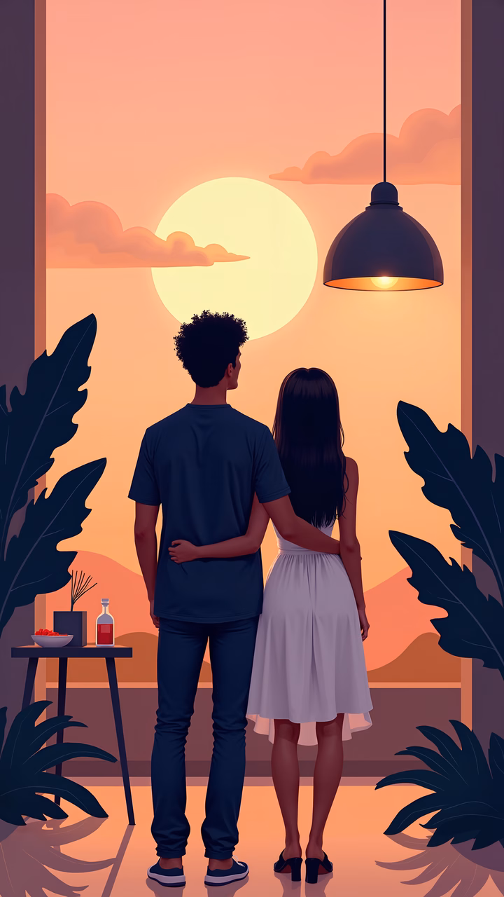 Romantic couple enjoying a tranquil sunset together.