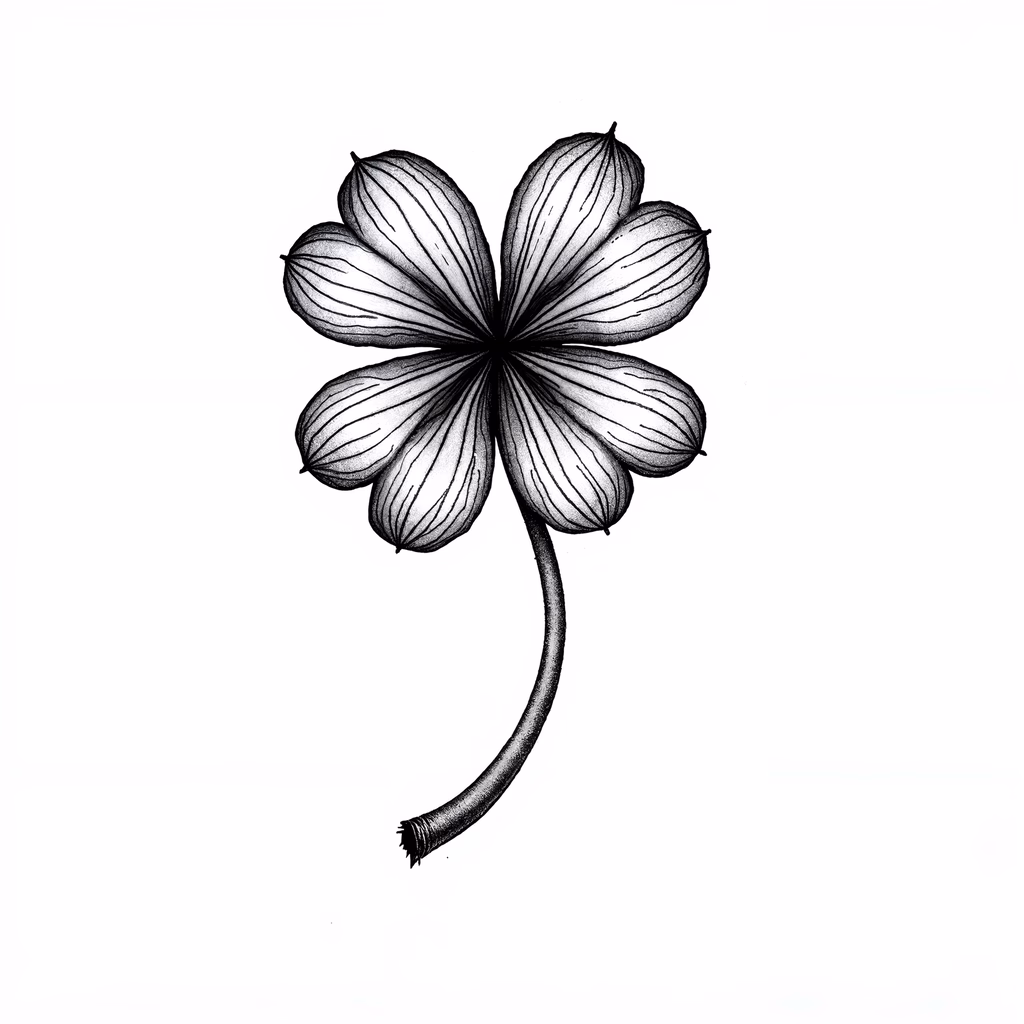 Detailed botanical illustration of a four-leaf clover in monochrome tones.