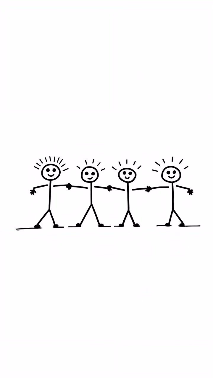 Four stick figures holding hands, symbolizing friendship and unity.