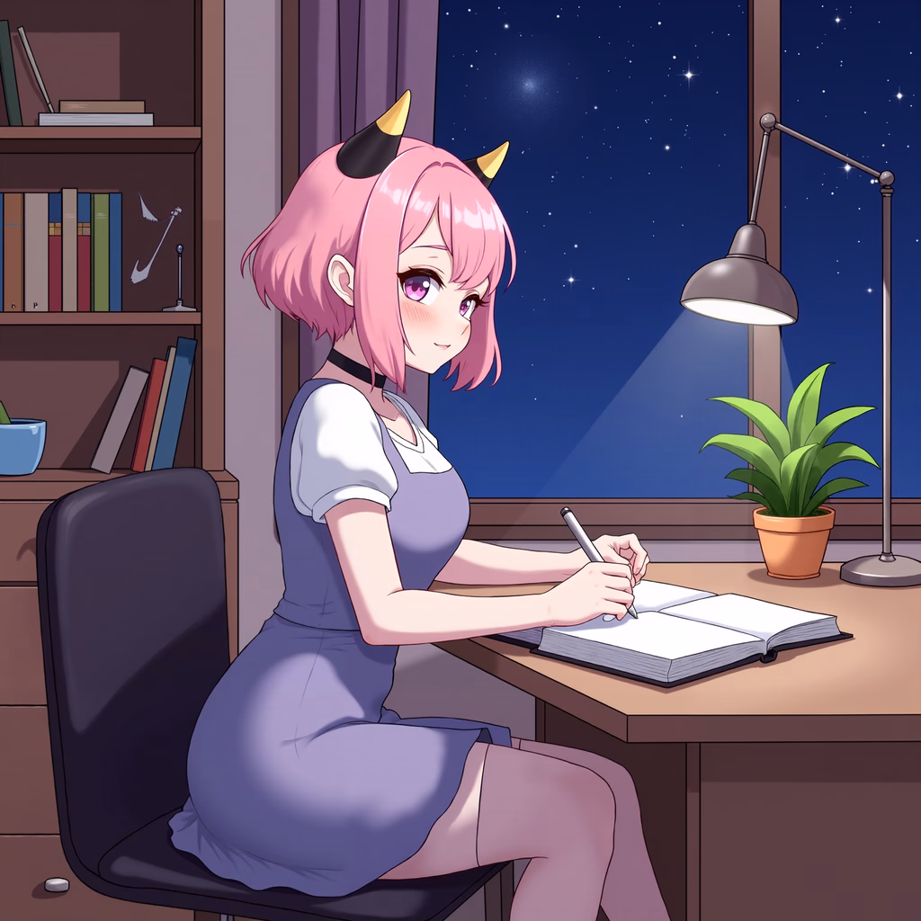 A serene moment captured in a quiet room, where a girl writes under the light of a desk lamp.