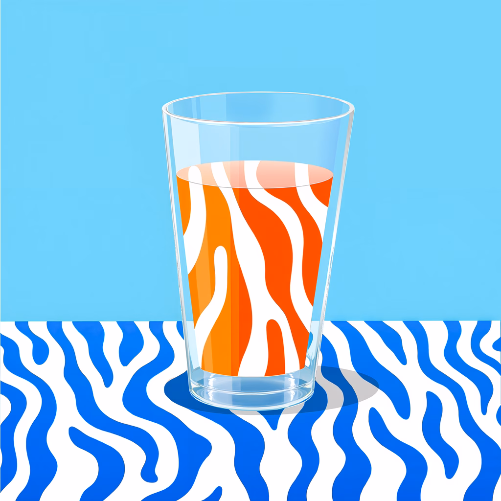 Vibrant orange waves in a clear glass on a blue background.
