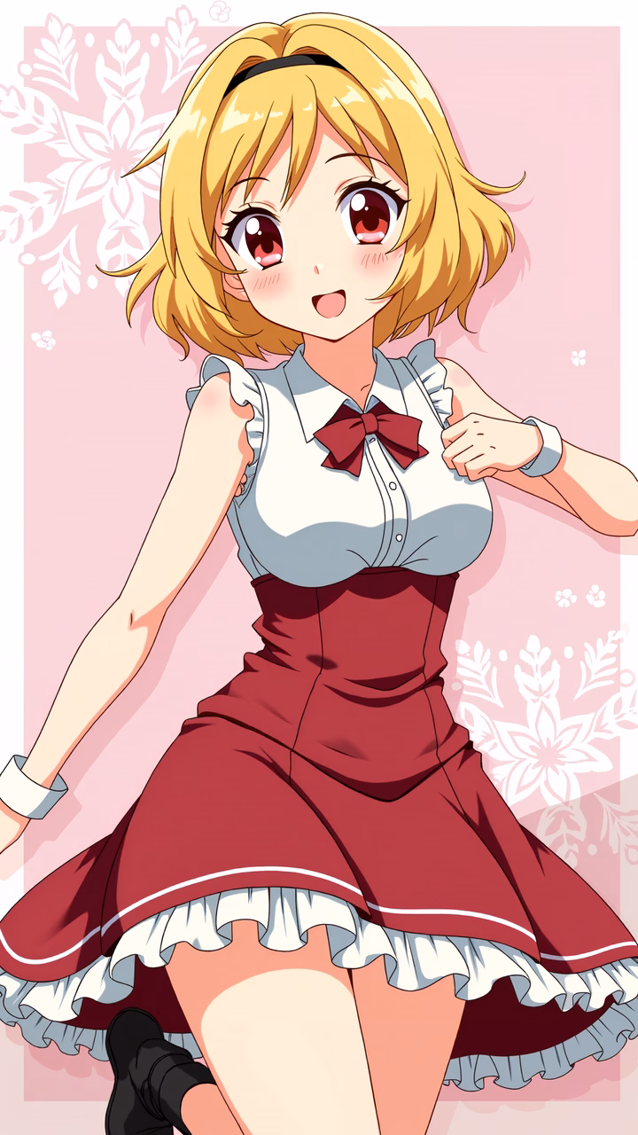 A charming anime maid in a maroon apron, exuding confidence and playfulness against a soft pink floral backdrop.