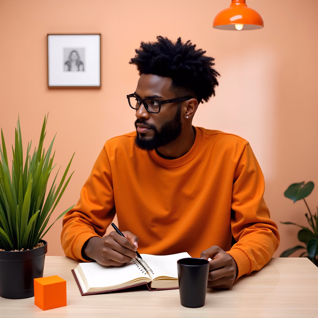 A man in an orange sweater writing in a notebook under warm lighting, surrounded by plants and a framed portrait.