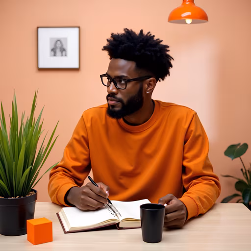 Man Writing in Orange Sweater