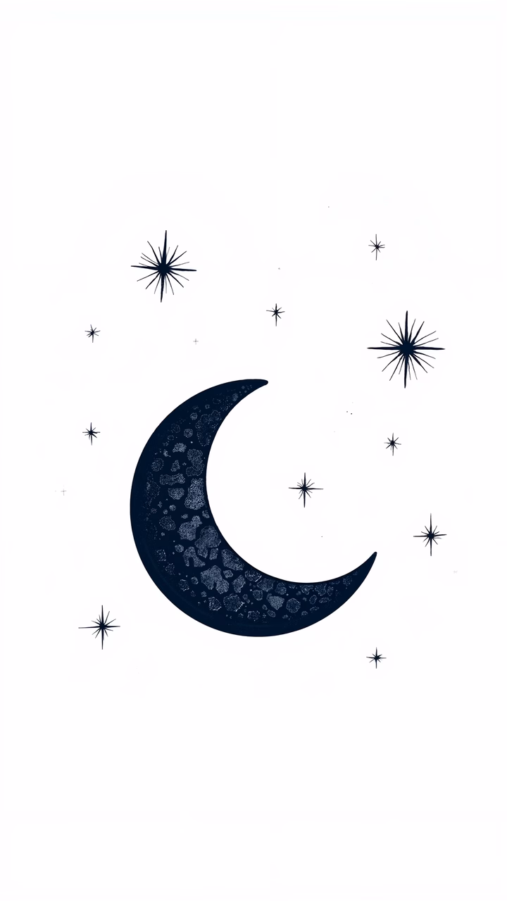 Minimalist crescent moon illustration with sparkling stars on a white background.