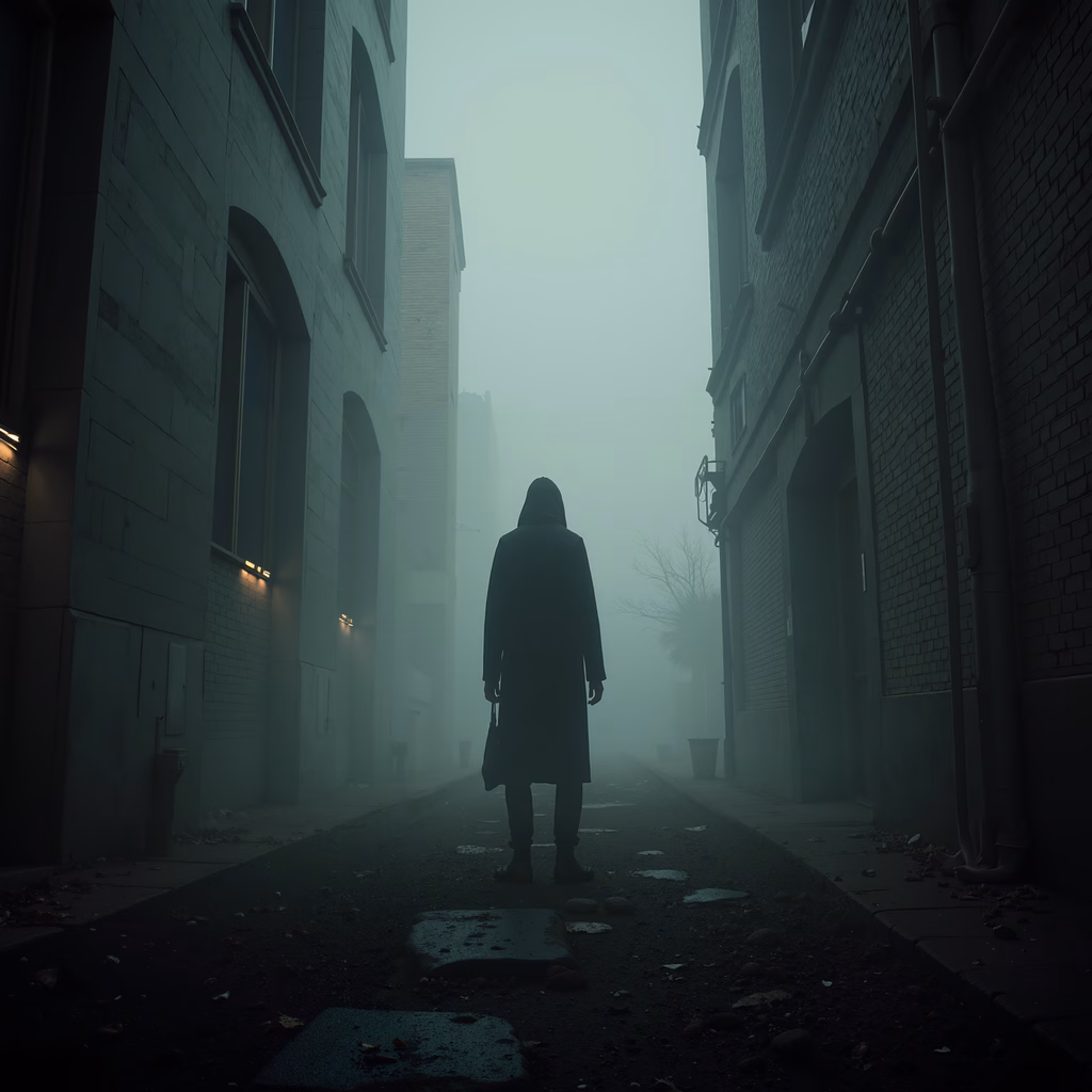 Solitary figure in a foggy urban alley, evoking mystery and isolation.