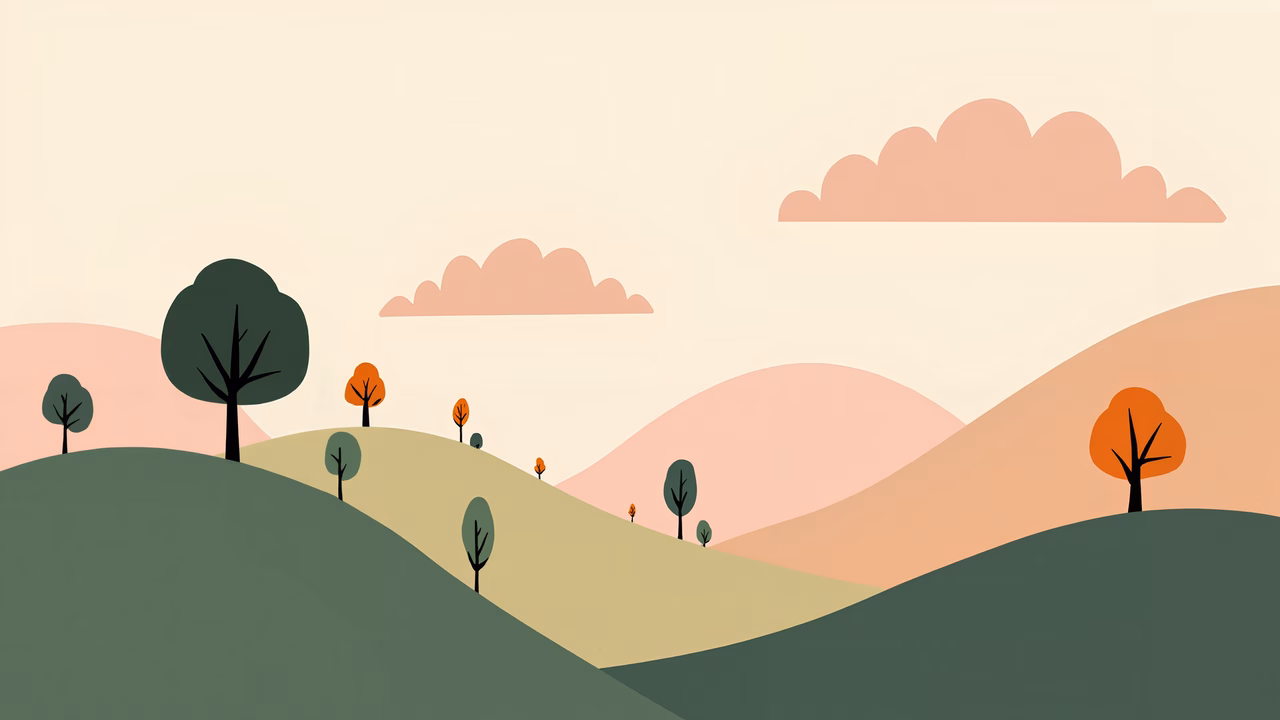 A minimalist pastel landscape with rolling hills and trees, evoking tranquility.