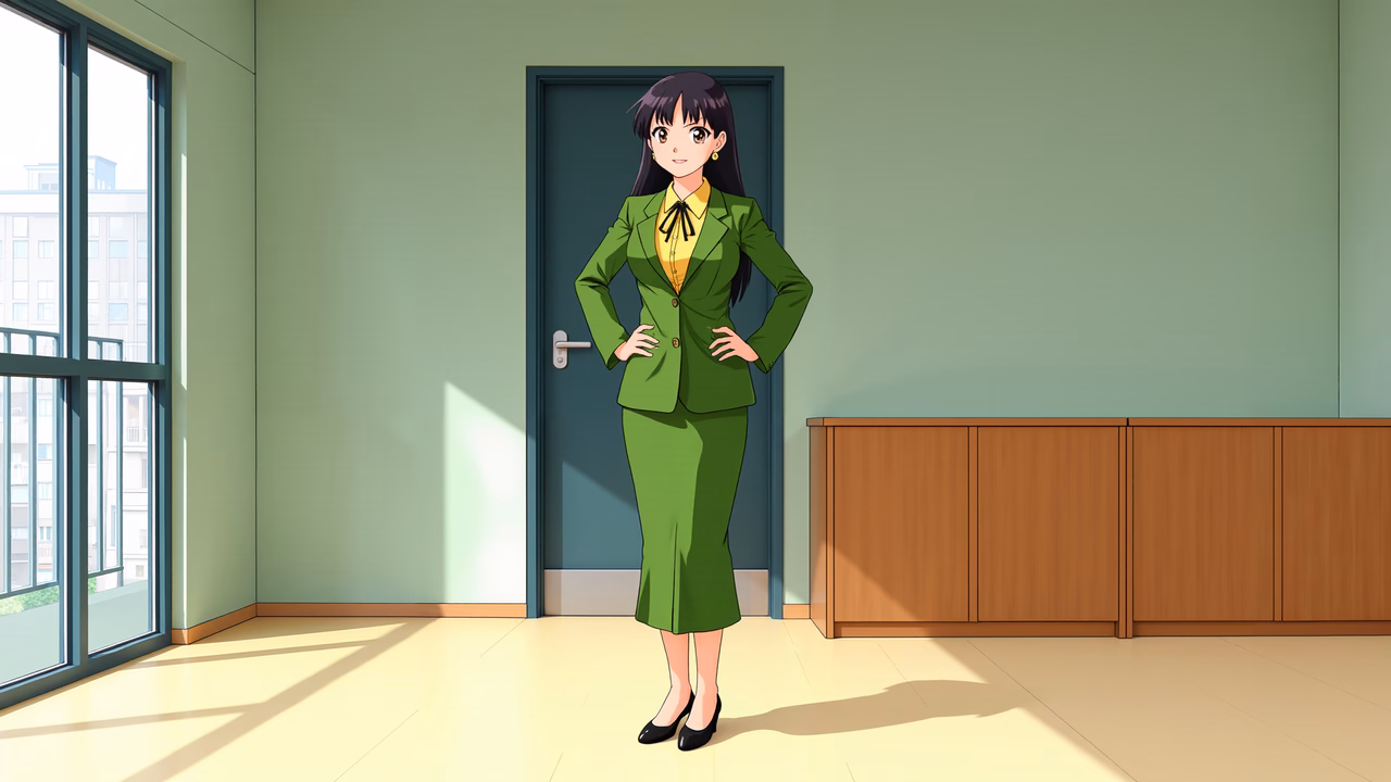 Confident woman in professional attire standing in a modern office setting.