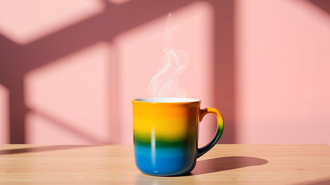 Vibrant rainbow mug with steam rising, set against a soft pink background.